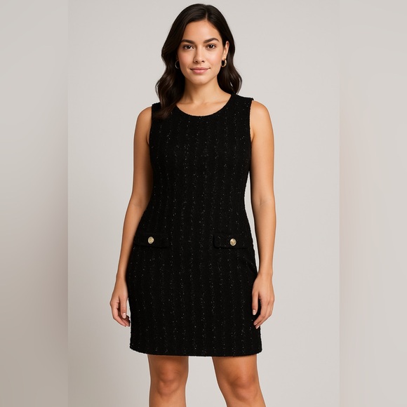 Isaac Mizrahi Dresses & Skirts - Isaac Mizrahi New York Black Sequin Tweed Sheath Dress Gold Buttons Size M